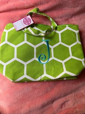 Monogrammed Green Geo-Print Tote Bag Lunch box- J Initial